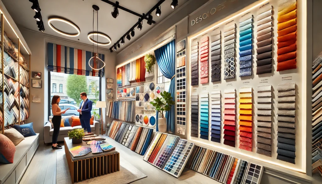 An image of a vibrant and modern showroom display offering color and design tips for window furnishings. 