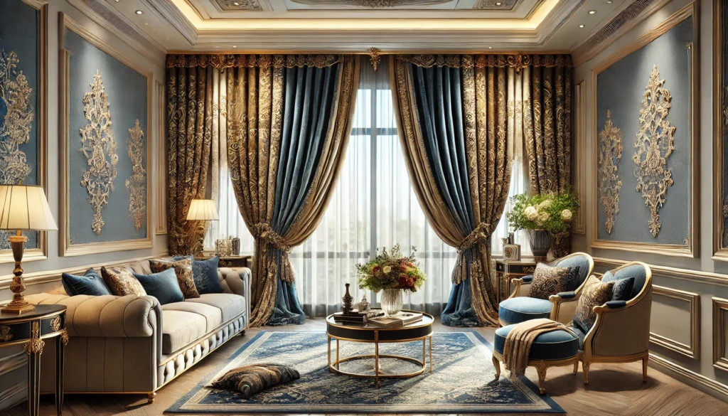 An image of the elegant living room with beautifully designed curtains and drapes.