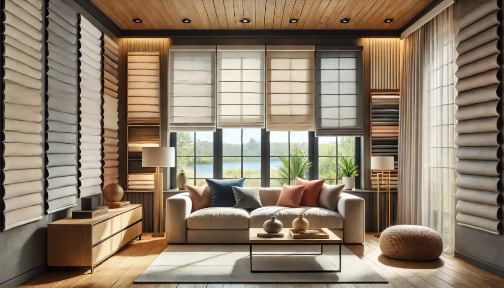 An image of a cozy and modern living room displaying a variety of window shades.