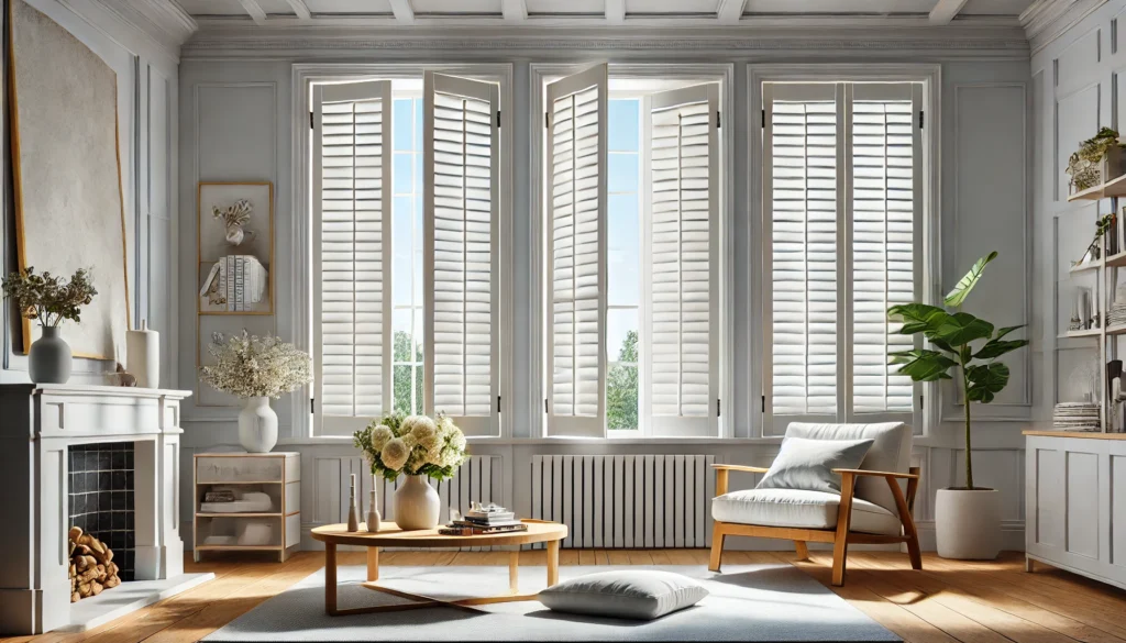 An image of a bright and airy living room featuring elegant window shutters.