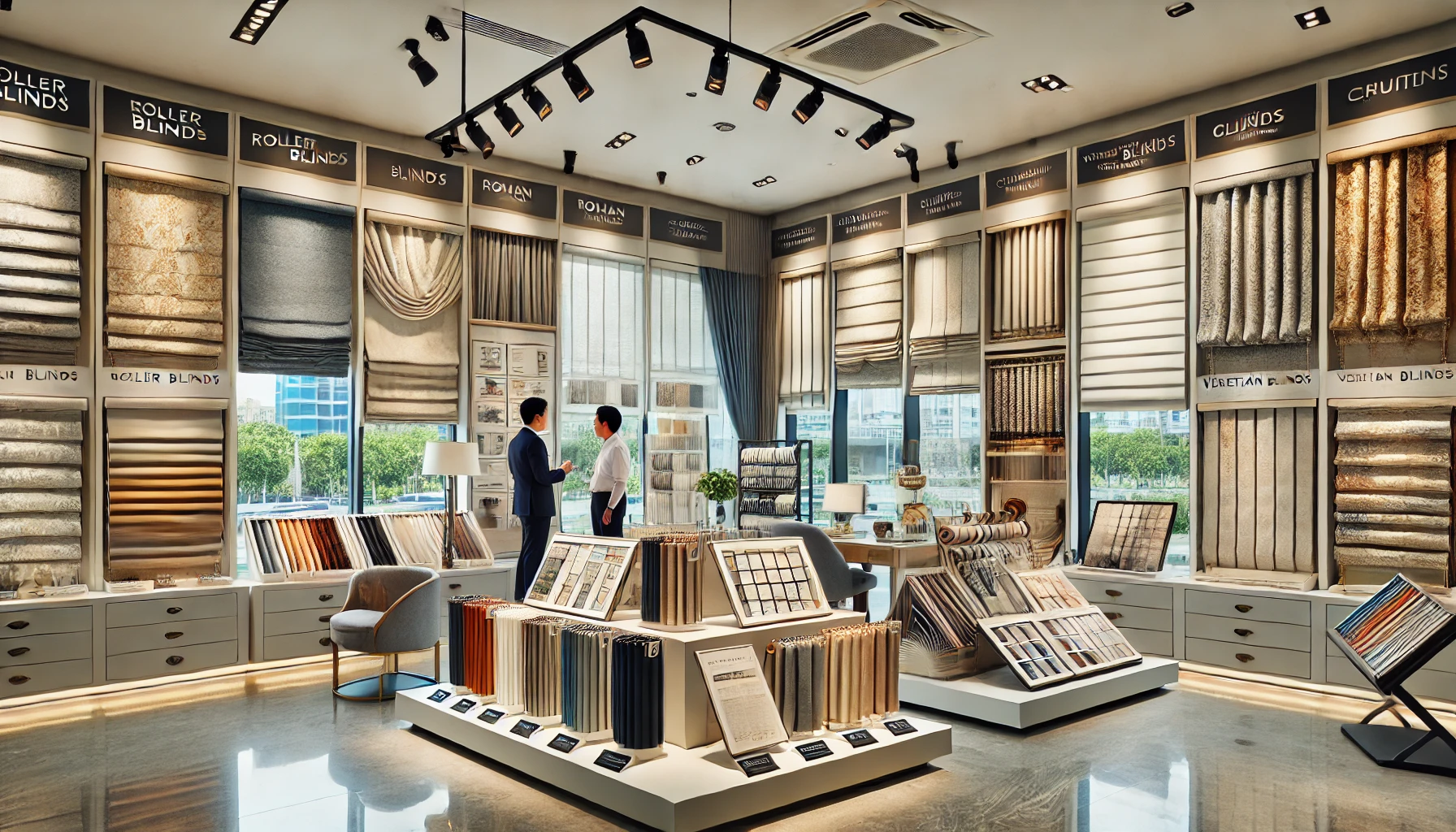 An image of a showroom with various window furnishings displayed.