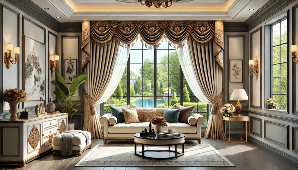 An image of a stylish living room featuring beautifully designed valances and cornices.