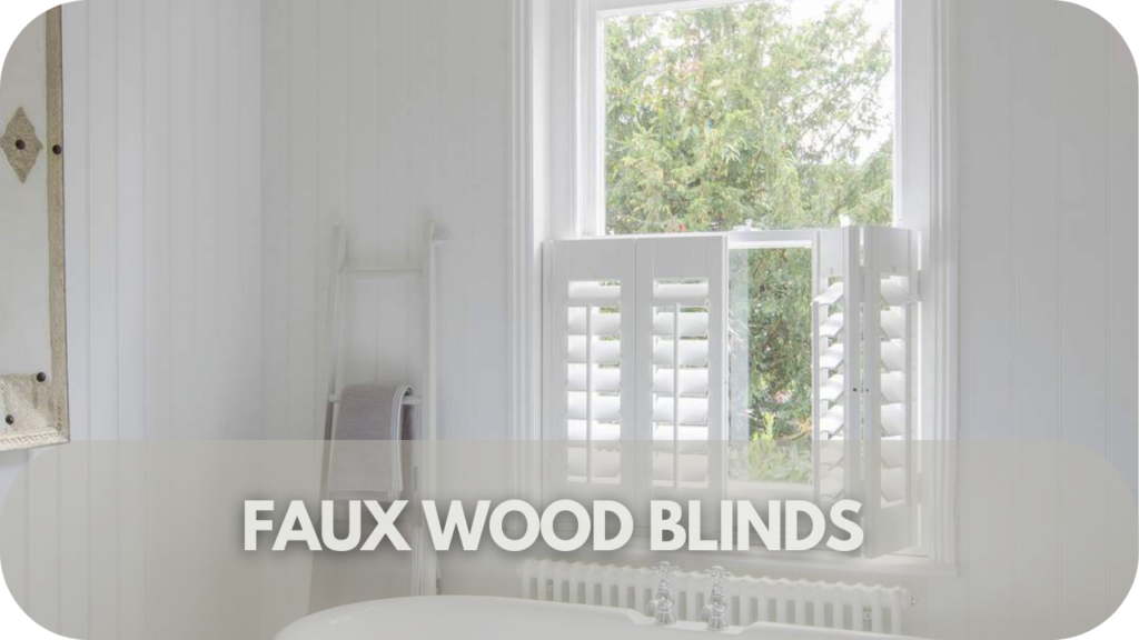 Elegant faux wood blinds for a stylish, water-resistant bathroom look.