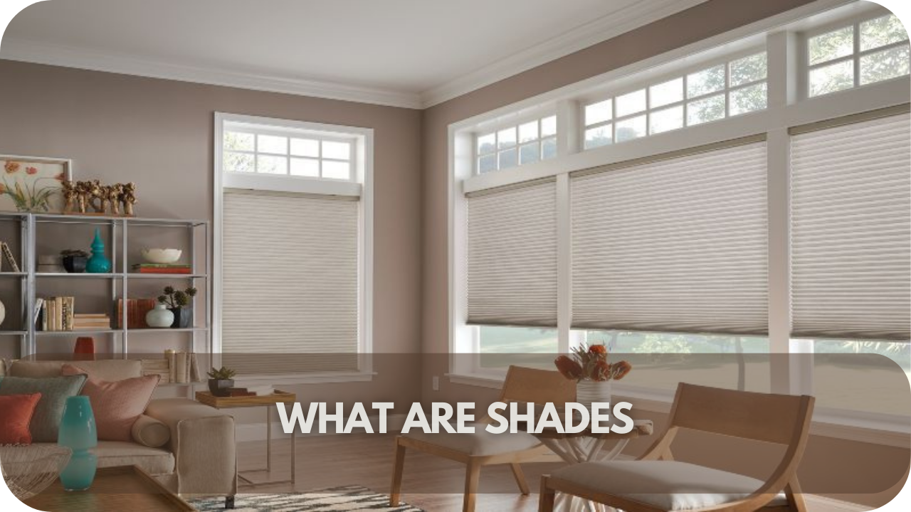 Modern shades covering living room windows.