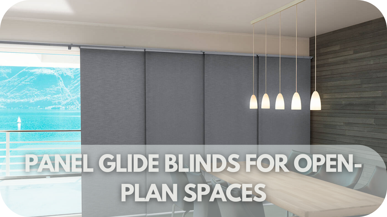 Panel glide blinds in open-plan room