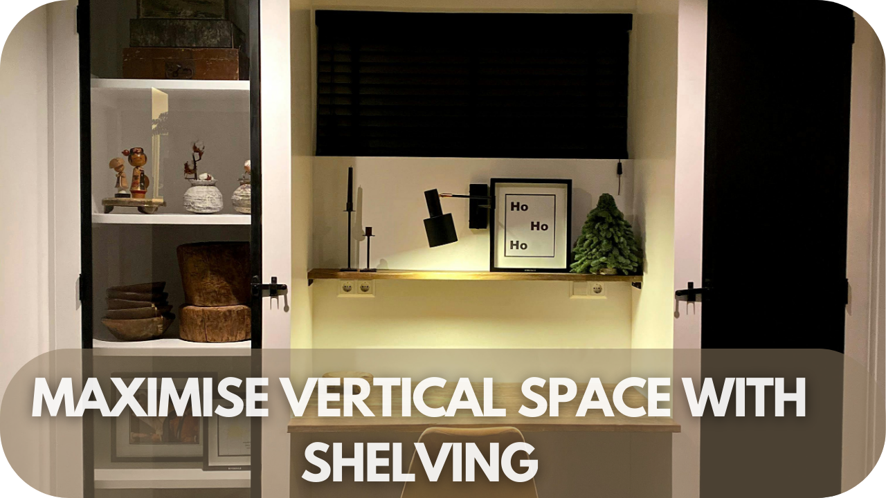 Wooden shelves mounted on a wall to maximise vertical storage space.